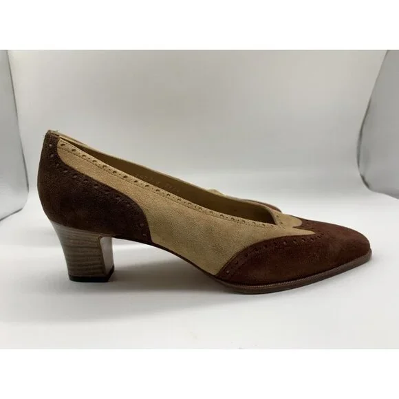 YANKO Womens Two Tone Brown Suede Oxford Pump Made in Spain Classic 7.5 M US - Picture 5 of 7